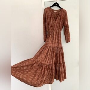 Nani Pani long sleeve v neck handmade printed dress size S/M, burnt orange brown